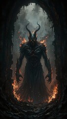 Eerie demon with molten eyes by crumbling crypt emanating dread with flickering flames and dark ethereal smoke