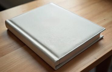 Fototapeta premium White leather photo album on wooden table. Handmade book in light cover. Premium binding. Family memories collection, art of photography, publishing, memories archive.