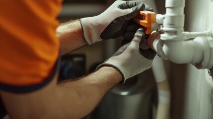 Plumber sealing a pipe connection in a basement. Featuring precision and safety
