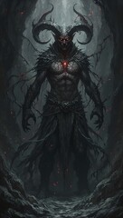Malevolent demon with blazing eyes and twisted horns surrounded by dark magic in eerie cavern A nightmare personified