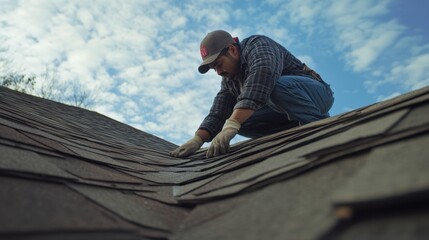 Hispanic roofer inspecting roof for potential leaks. Featuring roof inspection and home maintenance