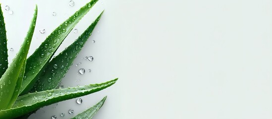Fototapeta premium Close-up of glistening water droplets on succulent aloe vera leaves against pure white background, botanical freshness and hydration theme.