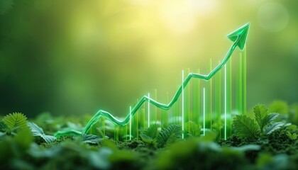 ESG investment concept. Digital graph displaying upward trend with green lines over blur green natural background, symbolizing growth financial success. Rising chart graph shows positive trend.