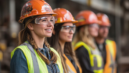 Obraz premium A young Caucasian woman smiles confidently while wearing a hard hat and safety vest alongside her team. Strong, capable, and ready to work.
