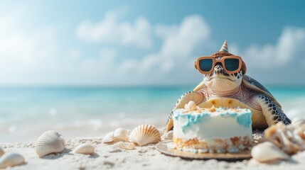 A delightful turtle wearing a party hat and stylish sunglasses poses by a delicious cake on the sandy beach, encapsulating the spirit of fun and celebration in a sunny, vibrant setting.