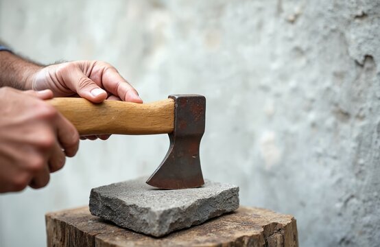 Man sharpens ax blade on stone. Hand with old axe, preparing wood cutting. Bladesmithing, woodwork, woodworking process, carpentry. Tool sharp, ready to work. Close up, macro photo, workshop.