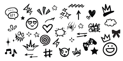 Doodle Graffiti Brush Hand Drawn Vector Element Set. Sketchy Arrows, Hearts, Stars, Crowns, Speech Bubbles, and More Fun Urban Art Elements. Vector Illustration