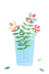Flowers in a glass of water. Spring flowers concept. Floral composition with green leaves and colorful flower buds. Vector illustration on white background.