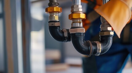 Obraz premium Plumber sealing pipes in a new home construction. Featuring plumbing and water system installation