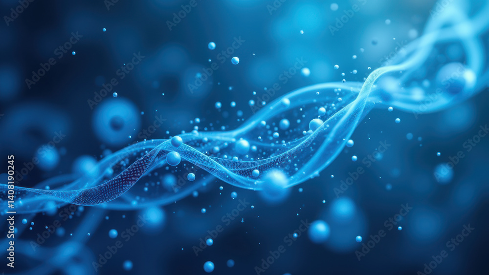 Poster a stylized representation of glucagon-like peptide-1 with a dynamic blue and white color scheme agai