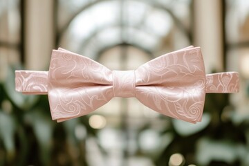 Pastel pink patterned bow tie with adjustable band on elegant soft background