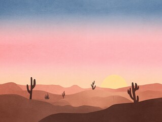 Fototapeta premium Desert Landscape with Cacti at Sunset Warm Tones and Minimalist Aesthetic