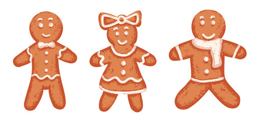 Set of Christmas gingerbread cookie in shape of man and woman with grainy texture