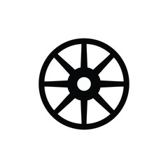 Obraz premium Vintage wooden wagon wheel icon in black silhouette style, antique carriage wheel vector illustration on white background, rustic western cart wheel graphic for ranch and farm logo design.