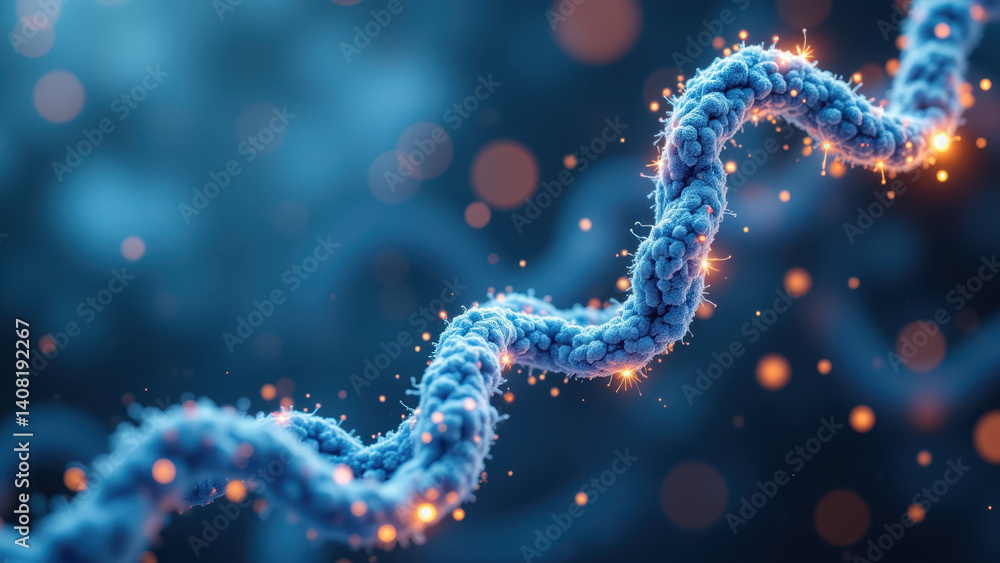 Poster a 3d rendering of a glp-1 molecule with a flowing ribbon model structure in a vibrant blue hue.
