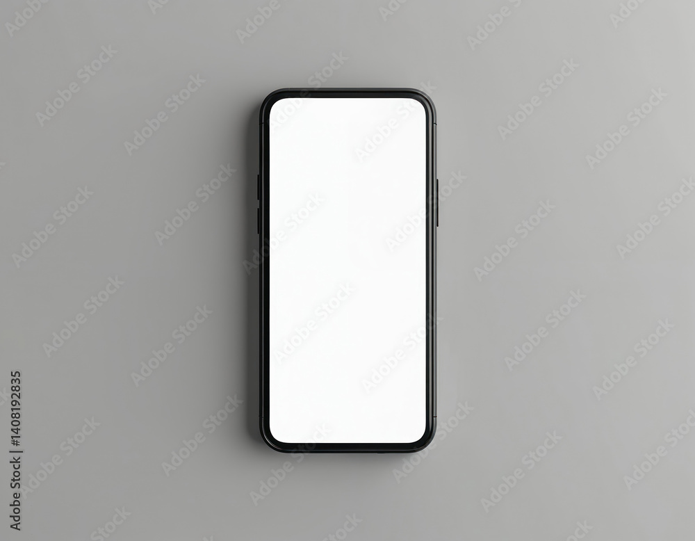 Poster Smartphone with blank screen mockup. Phone has white display. Digital gadget on grey background. Modern mobile smart phone template with clipping path. Concept for app, web, UI UX design.