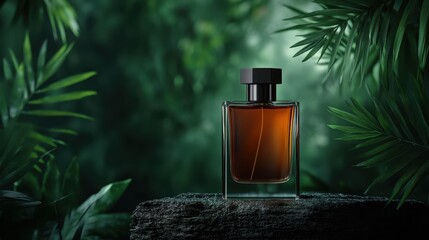 A refined perfume bottle with a sleek design, showcased on a bed of foliage, emphasizing its luxurious appeal and connection to nature in a vibrant setting.
