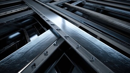 Obraz premium Close-up of intersecting steel beams with rivets, glossy metallic surfaces, dark industrial backdrop, mechanical precision.