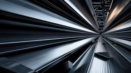 Obraz premium Close-up of intersecting steel beams with rivets, glossy metallic surfaces, dark industrial backdrop, mechanical precision.