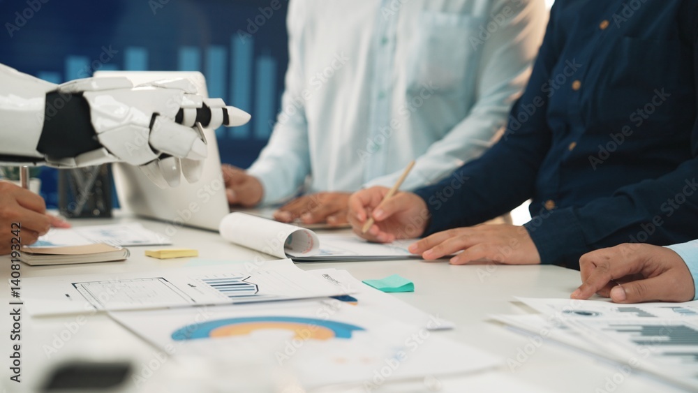 Poster a dynamic business meeting featuring a robot assisting in data analysis. hands are engaged in discus