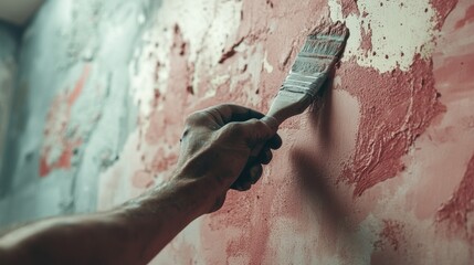 Painter applying primer to a wall in a living room. Featuring detail and care