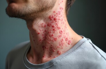 Naklejka premium Close-up of human skin covered with measles rash, red spots. Medical concept, health care problem. Contagious disease, infection, vaccination, treatment.