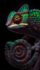 Obraz premium Close-up of a Colorful Chameleon Lizard on a Branch, Capturing Its Vibrant Green and Colorful Camouflage in Wildlife, Madagascar - Macro Photography of Exotic Reptile Creature with Intense Eyes