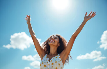 Beautiful Spanish brunette woman with long curly hair raises arms to blue sky. Happy, thankful woman smiles. Sunlight brightens her face. Positive emotions, freedom, joy, happiness, success concepts.