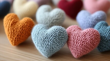 Miniature knitted hearts arranged in various colors for festive home decorations or gifts