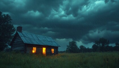 Fototapeta premium A rustic log cabin glows warmly under a stormy night sky rain falling softly on the field windows lit against the dark clouds a