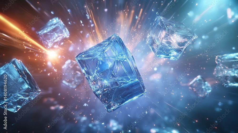 Poster an ice-like structure of fragmented cubes floating mid-air