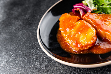 Fish tomato sauce white fish fillet dish organic fresh tasty gourmet food background on the table rustic food top view copy space