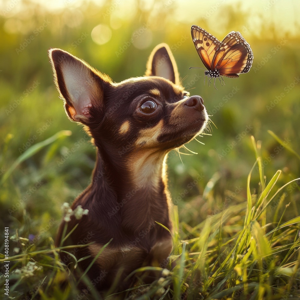 Poster chihuahua sitting in grass with butterfly perched on its nose during golden hour generative ai