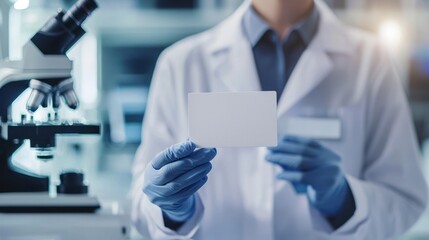 Scientist Holding Blank Card in a Laboratory Setting