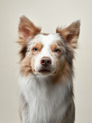 A close-up of a border collie sitting against a neutral background, looking directly at the camera....