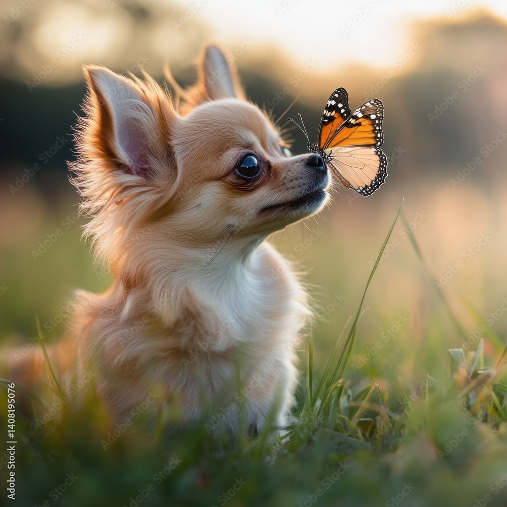 Poster chihuahua enjoys a moment with a butterfly resting gently on its nose in the grass during sunset gen