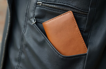 Brown leather wallet in black leather jacket pocket. Zippered pocket detail. Credit card holder. Business concept of finance security, payment, shopping, banking, paying.