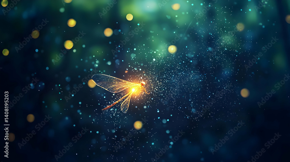 Poster glowing dragonfly in flight with blue and green background bokeh and sparkling lights