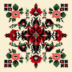 Floral Ukrainian Cross-Stitch Motif with Peonies – AI Artwork