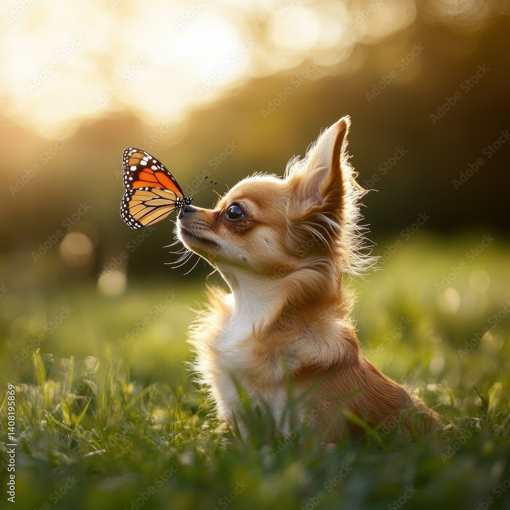Poster chihuahua relaxes in the grass with a butterfly perched softly on his nose during a serene afternoon