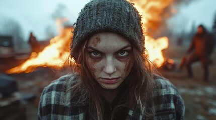 An emotionally charged portrait of a girl with dark eyes and messy hair stands against a burning ruin, capturing themes of despair and resilience in an unsettling yet captivating scene.