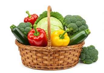 A basket filled with fresh vegetables including cabbage peppers zucchini and broccoli on white