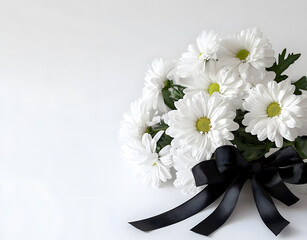 white chrysanthemums or daisies with black ribbon on white background template banner funeral mourner symbol for obituary farewell services condolences and funeral invitation with space for text