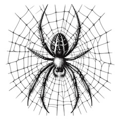 Obraz premium Spider creating a web in detailed black and white illustration 