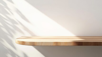 Curved Wooden Shelf Mockup Sunlight and Shadow, Minimalist Composition, Product Display, 3D Render. Product showcase, shelf design