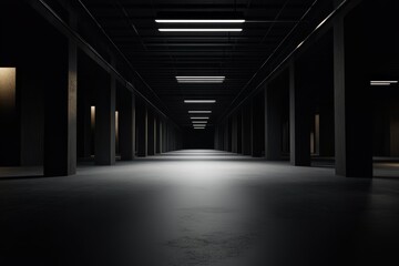 Dark Concrete Corridor Linear Perspective, Fluorescent Lighting, Minimalist Architecture, 3D Render, Industrial Design Architectural Photography, 3D Modeling