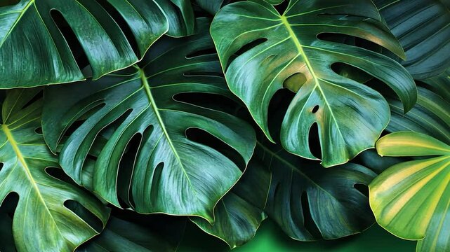 Lush green tropical leaves close up dark green teal nature background