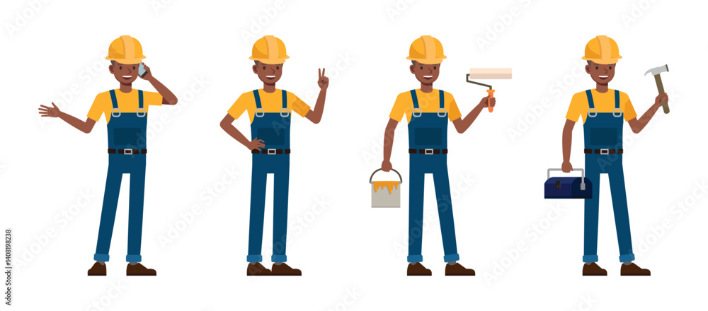 Poster construction worker character vector illustration design set. presentation in various action.