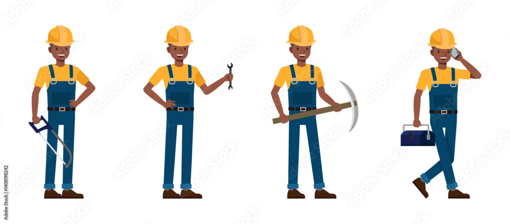 Poster construction worker character vector illustration design set. presentation in various action.