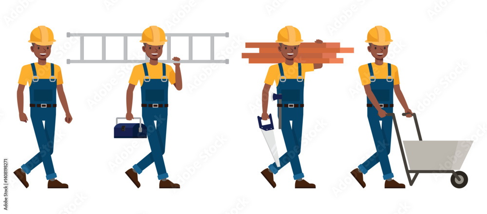 Poster construction worker character vector illustration design set. presentation in various action.